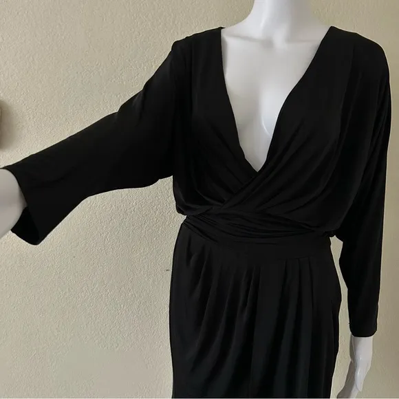 KRISA- Revolve black soft long sleeve deep plunge drape skirt mini dress XS