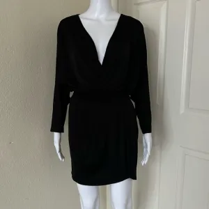 KRISA- Revolve black soft long sleeve deep plunge drape skirt mini dress XS