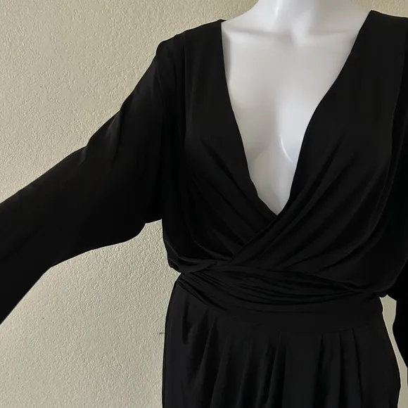 KRISA- Revolve black soft long sleeve deep plunge drape skirt mini dress XS