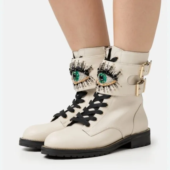 Kurt Geiger Cream/Black Combat Boots with Eye Design, Size 39
