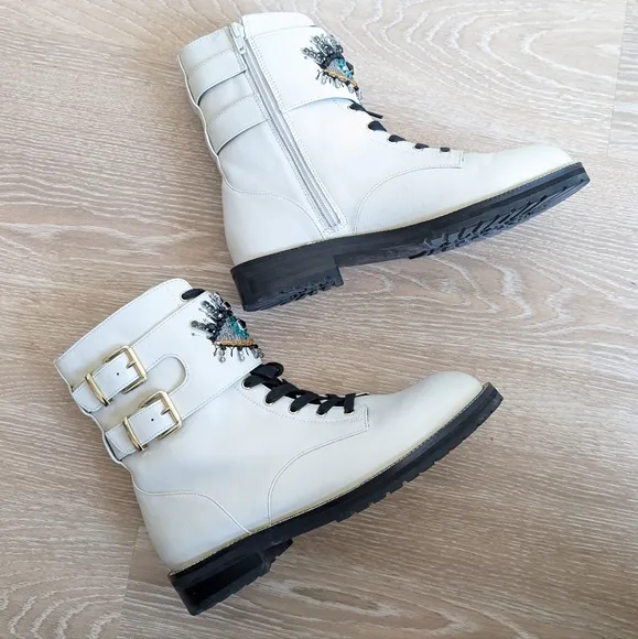 Kurt Geiger Cream/Black Combat Boots with Eye Design, Size 39