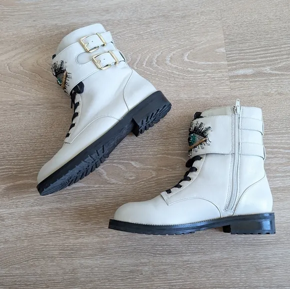 Kurt Geiger Cream/Black Combat Boots with Eye Design, Size 39