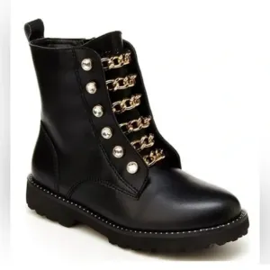 Kurt Geiger London Girls' Mini Bax Leather Rhinestone Chain Leather Combat Boots
