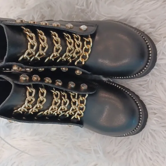 Kurt Geiger London Girls' Mini Bax Leather Rhinestone Chain Leather Combat Boots