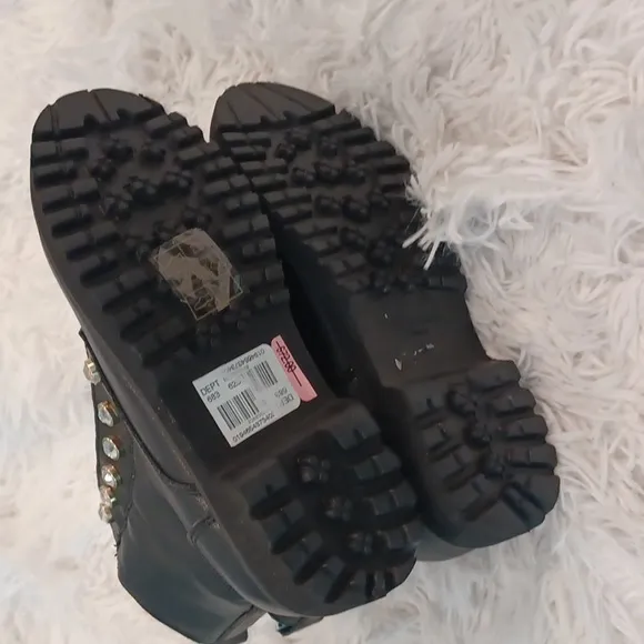 Kurt Geiger London Girls' Mini Bax Leather Rhinestone Chain Leather Combat Boots