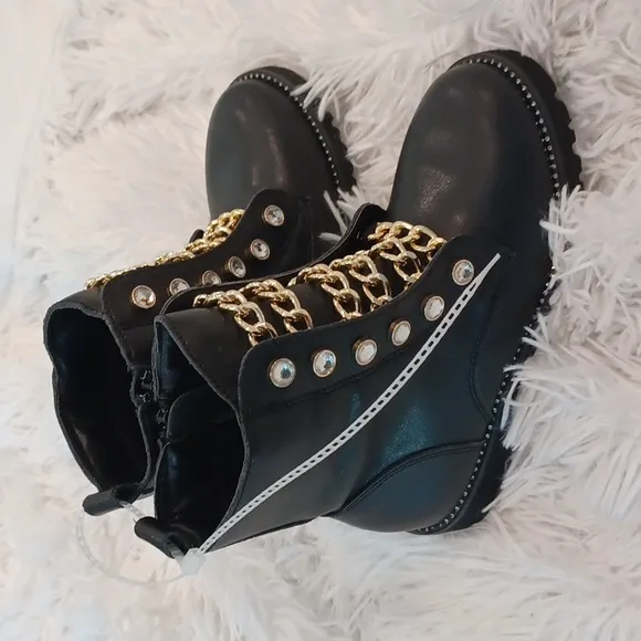 Kurt Geiger London Girls' Mini Bax Leather Rhinestone Chain Leather Combat Boots