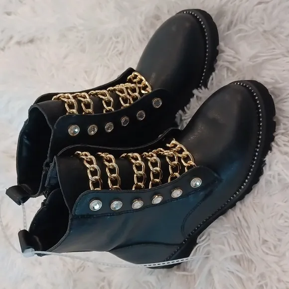 Kurt Geiger London Girls' Mini Bax Leather Rhinestone Chain Leather Combat Boots
