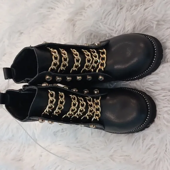 Kurt Geiger London Girls' Mini Bax Leather Rhinestone Chain Leather Combat Boots