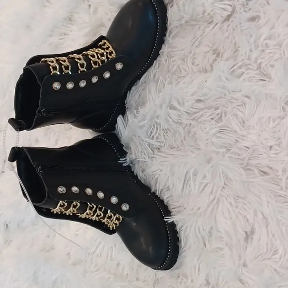 Kurt Geiger London Girls' Mini Bax Leather Rhinestone Chain Leather Combat Boots