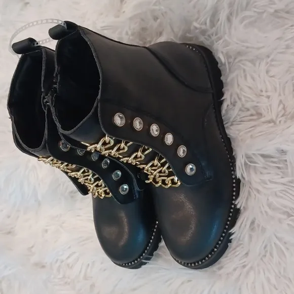 Kurt Geiger London Girls' Mini Bax Leather Rhinestone Chain Leather Combat Boots