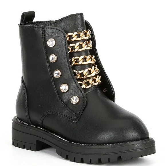 Kurt Geiger London Girls' Mini Bax Leather Rhinestone Chain Leather Combat Boots