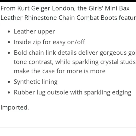 Kurt Geiger London Girls' Mini Bax Leather Rhinestone Chain Leather Combat Boots