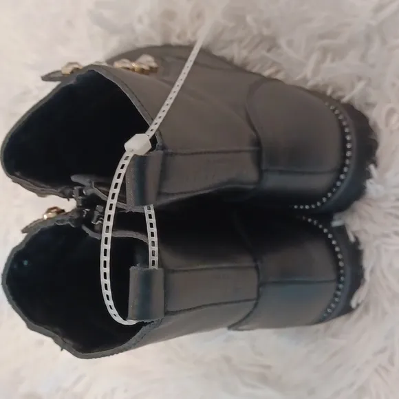 Kurt Geiger London Girls' Mini Bax Leather Rhinestone Chain Leather Combat Boots