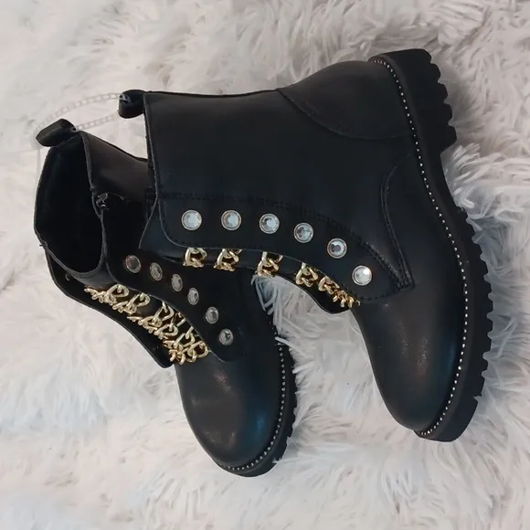 Kurt Geiger London Girls' Mini Bax Leather Rhinestone Chain Leather Combat Boots