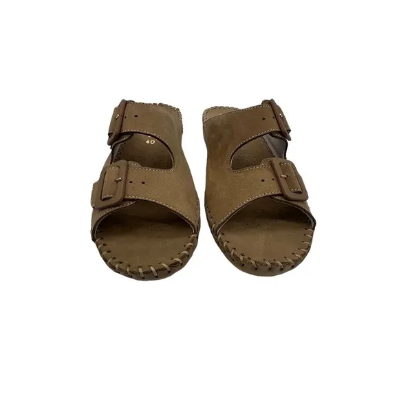 La Plume Brown Leather Slide Wedge Slip On Sandals Size 40 Women's