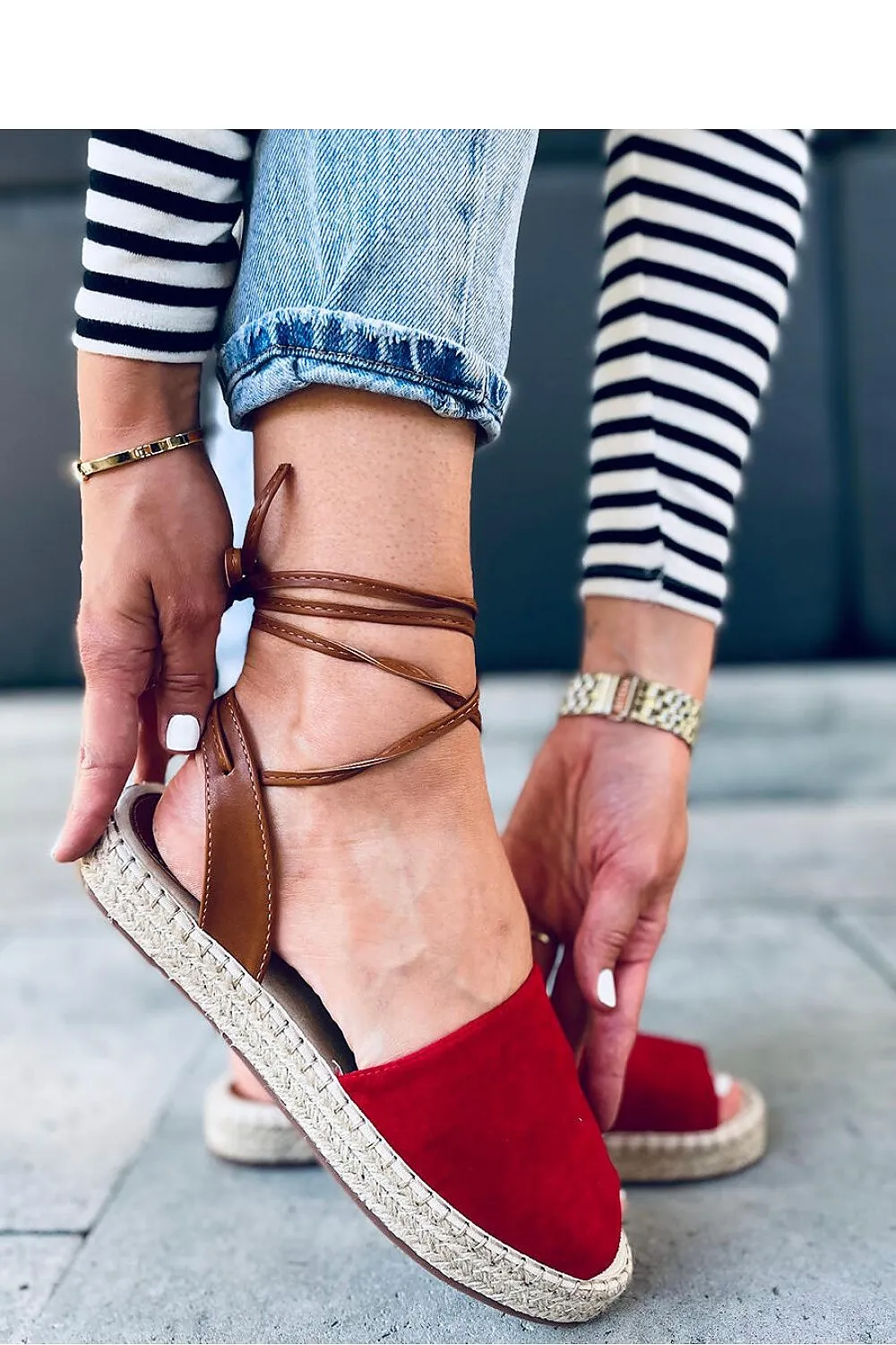 Ladies Red Sandles Espadrilles Tied Ankle - Woman Flat Sandles