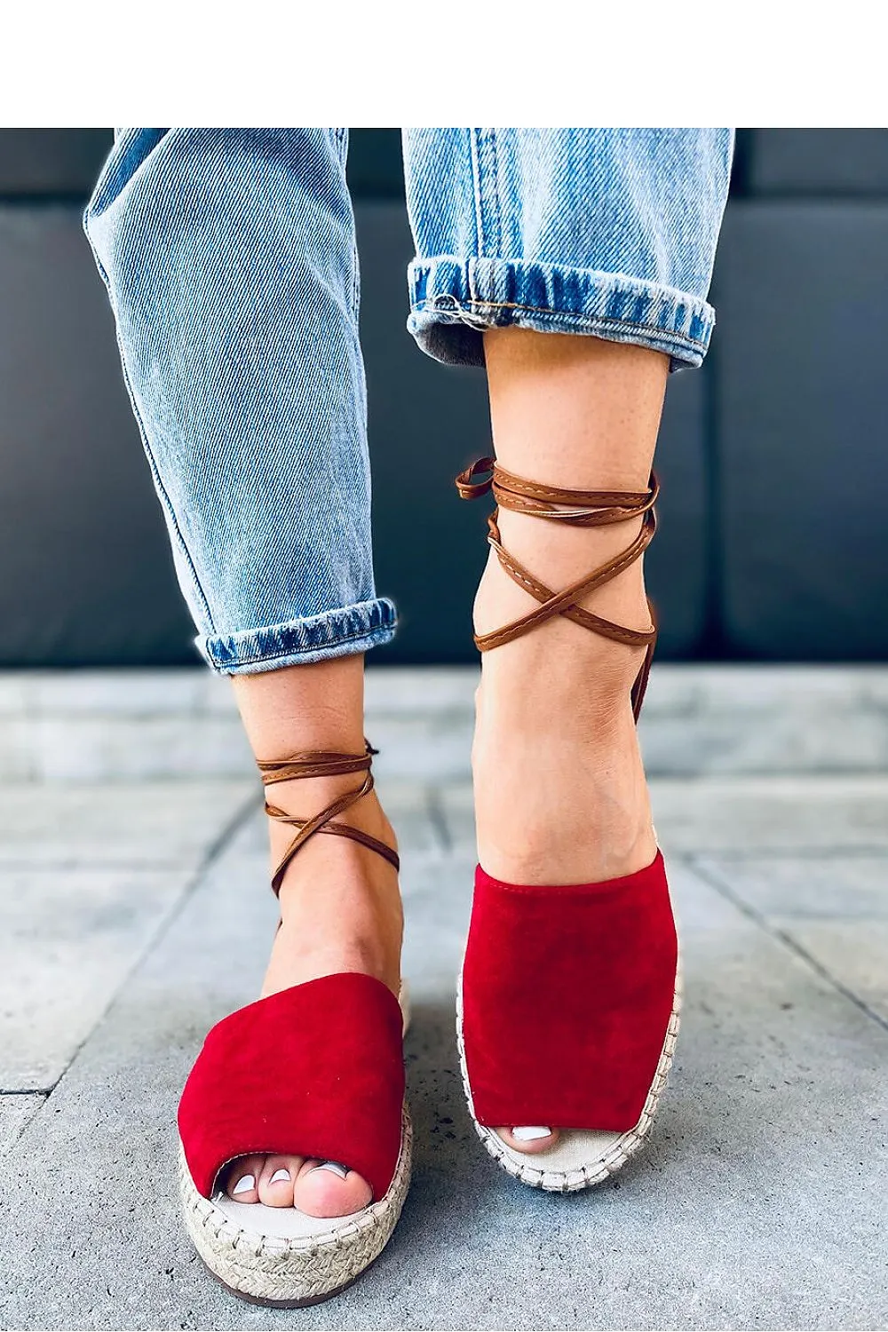 Ladies Red Sandles Espadrilles Tied Ankle - Woman Flat Sandles