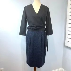 Lafayette 148 Skirt 2 Small Navy Blue Tweed Pencil Pleated Pockets High Waisted