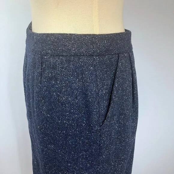 Lafayette 148 Skirt 2 Small Navy Blue Tweed Pencil Pleated Pockets High Waisted