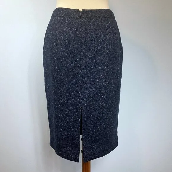 Lafayette 148 Skirt 2 Small Navy Blue Tweed Pencil Pleated Pockets High Waisted