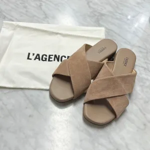 L'AGENCE Camila Cappuccino Suede Slip On Sandals NIB Size 36