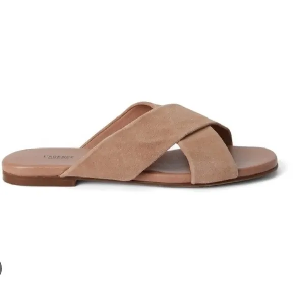 L'AGENCE Camila Cappuccino Suede Slip On Sandals NIB Size 36