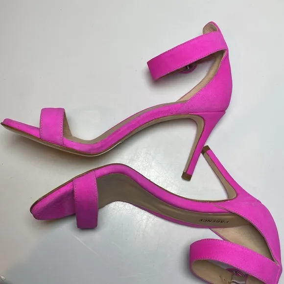 L'Agence Gisele III Suede Ankle Strap Sandals Womens 37 Neon Pink Romantic Heels