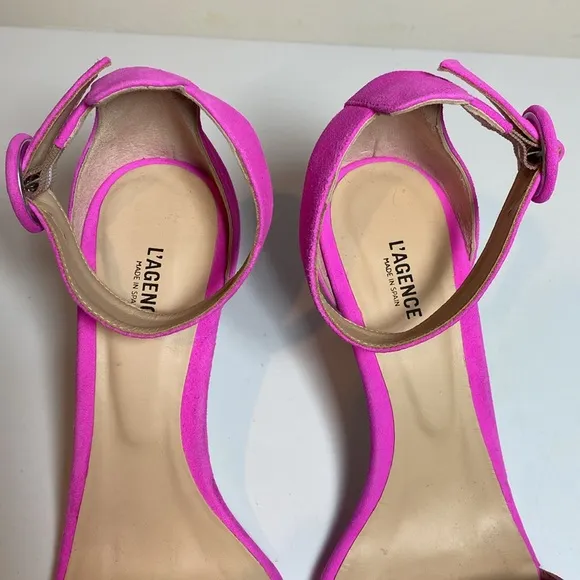 L'Agence Gisele III Suede Ankle Strap Sandals Womens 37 Neon Pink Romantic Heels