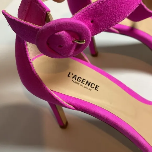 L'Agence Gisele III Suede Ankle Strap Sandals Womens 37 Neon Pink Romantic Heels
