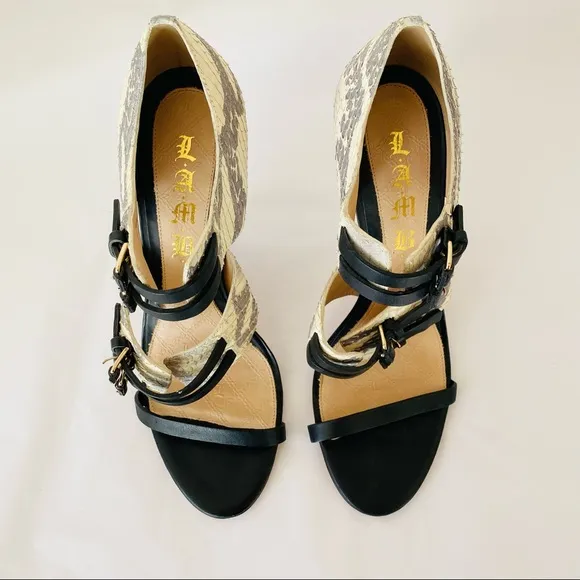 L..A.M.B. BLACK Grey Snake Strappy Heel Sandals 8
