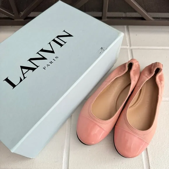 LANVIN Ballerina Flats Patent Cap Toe Rose Bubblegum Pink Size 35