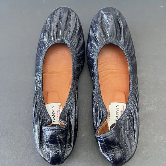 Lanvin Women Navy Blue Slip On Round Toe Patent Leather Ballet Flats 38 / US 8
