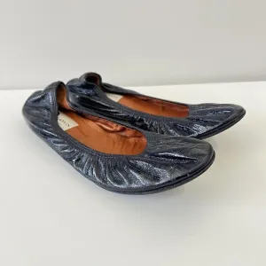 Lanvin Women Navy Blue Slip On Round Toe Patent Leather Ballet Flats 38 / US 8