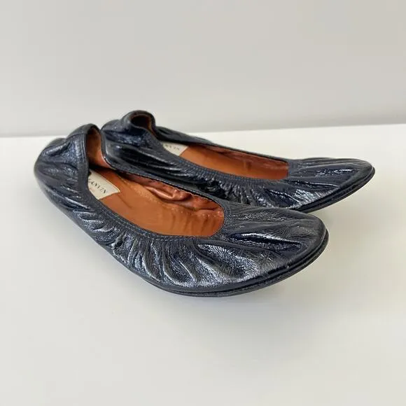 Lanvin Women Navy Blue Slip On Round Toe Patent Leather Ballet Flats 38 / US 8