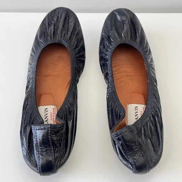 Lanvin Women Navy Blue Slip On Round Toe Patent Leather Ballet Flats 38 / US 8