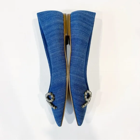 Larroude Lee Denim Flat with Embellished Crystal Rhinestone Bow Size 9