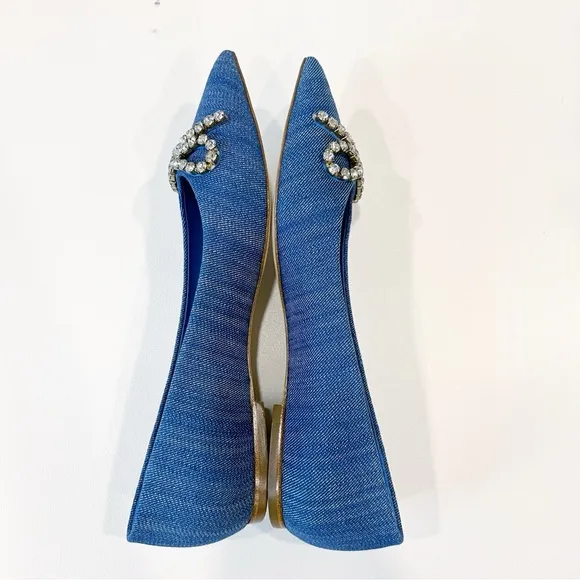 Larroude Lee Denim Flat with Embellished Crystal Rhinestone Bow Size 9
