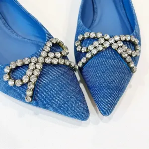 Larroude Lee Denim Flat with Embellished Crystal Rhinestone Bow Size 9