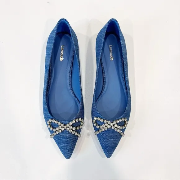 Larroude Lee Denim Flat with Embellished Crystal Rhinestone Bow Size 9
