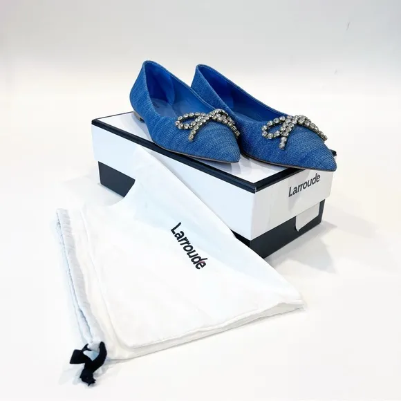 Larroude Lee Denim Flat with Embellished Crystal Rhinestone Bow Size 9