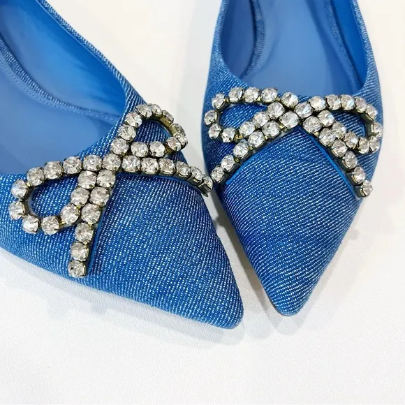 Larroude Lee Denim Flat with Embellished Crystal Rhinestone Bow Size 9