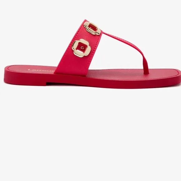 Larroude Red and Gold Sandals with Bold Embellishments Milan Jelly Thong 6/7 NEW