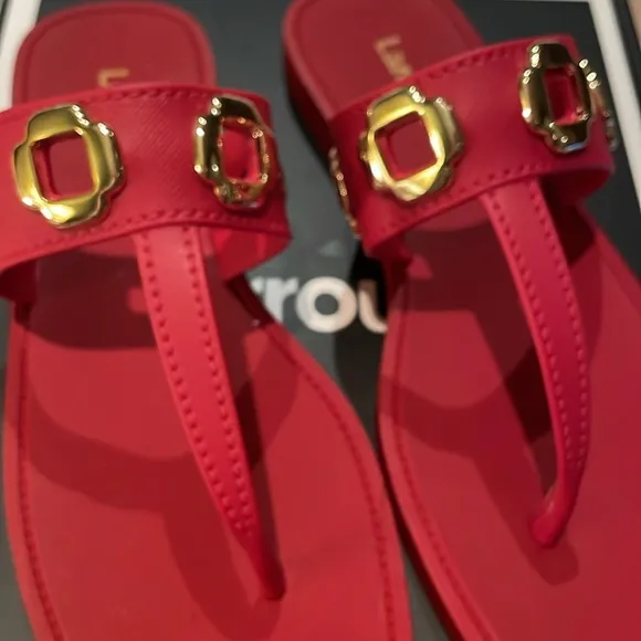 Larroude Red and Gold Sandals with Bold Embellishments Milan Jelly Thong 6/7 NEW