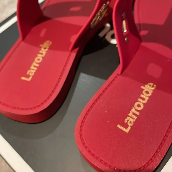 Larroude Red and Gold Sandals with Bold Embellishments Milan Jelly Thong 6/7 NEW