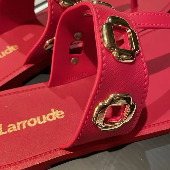 Larroude Red and Gold Sandals with Bold Embellishments Milan Jelly Thong 6/7 NEW