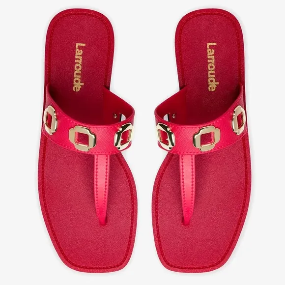 Larroude Red and Gold Sandals with Bold Embellishments Milan Jelly Thong 6/7 NEW