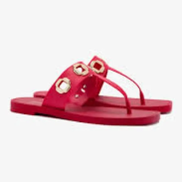 Larroude Red and Gold Sandals with Bold Embellishments Milan Jelly Thong 6/7 NEW