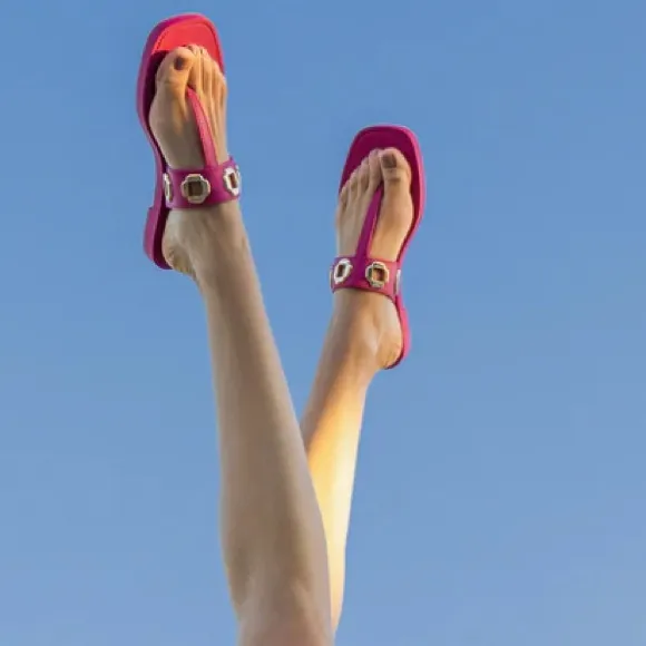 Larroude Red and Gold Sandals with Bold Embellishments Milan Jelly Thong 6/7 NEW