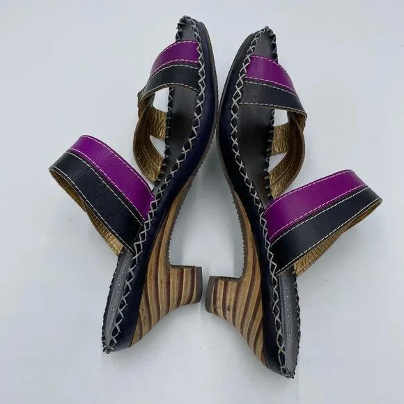 L'artiste Spring Steps Purple &amp; Black Exotic Leather Slip On Heel Sandals Sz 39