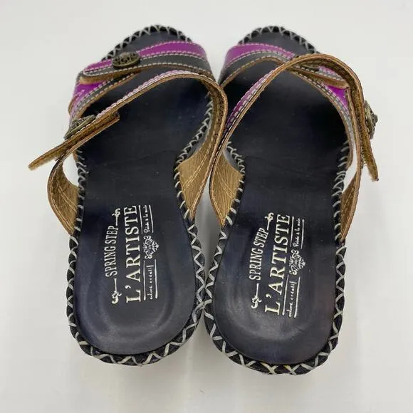 L'artiste Spring Steps Purple &amp; Black Exotic Leather Slip On Heel Sandals Sz 39